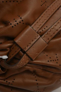 Brown laser-cut logo faux leather drawstring backpack