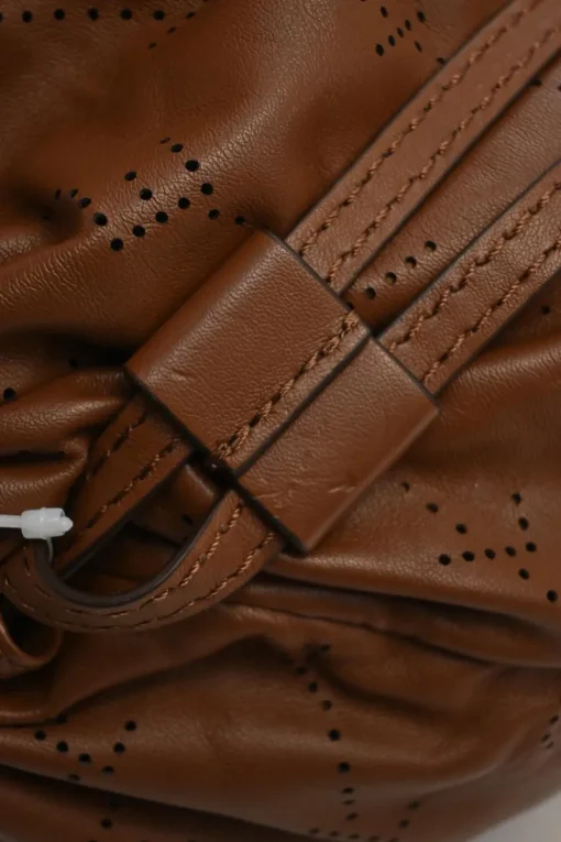 Brown laser-cut logo faux leather drawstring backpack