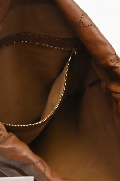 Brown laser-cut logo faux leather drawstring backpack