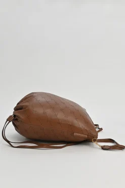 Brown laser-cut logo faux leather drawstring backpack