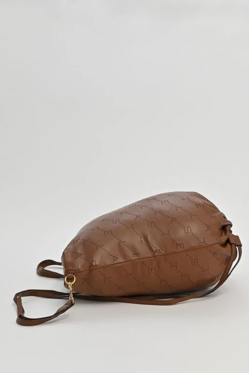 Brown laser-cut logo faux leather drawstring backpack
