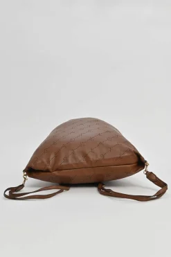 Brown laser-cut logo faux leather drawstring backpack