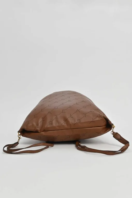 Brown laser-cut logo faux leather drawstring backpack