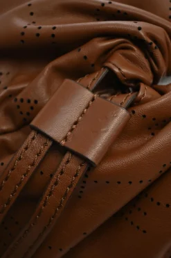 Brown laser-cut logo faux leather drawstring backpack