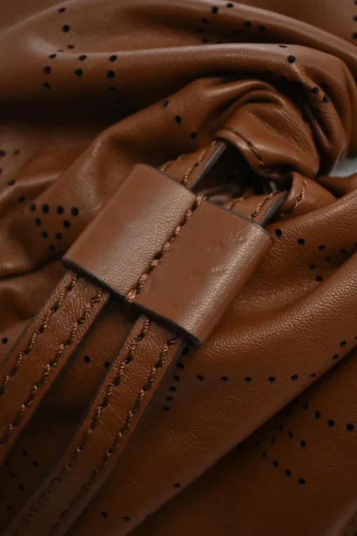Brown laser-cut logo faux leather drawstring backpack