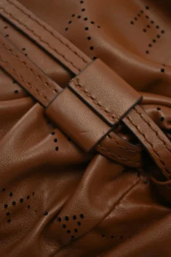 Brown laser-cut logo faux leather drawstring backpack