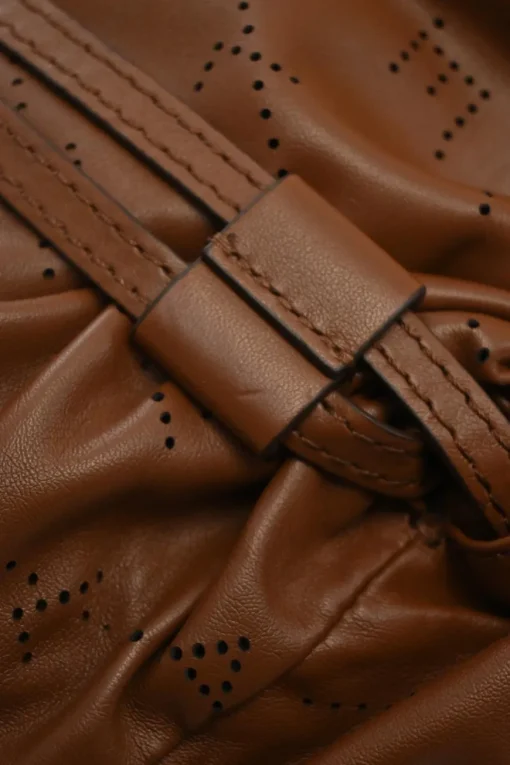 Brown laser-cut logo faux leather drawstring backpack