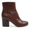 Brown leather almond-toe block heel zip-up ankle boots