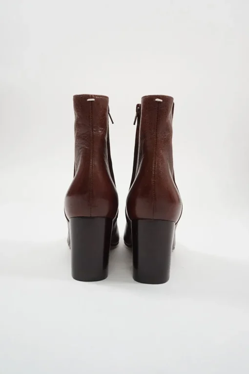 Brown leather almond-toe block heel zip-up ankle boots