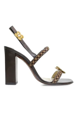 Brown leather and pony hair block heel monogram flower-embellished slingback Damier sandals with fixed vamp straps