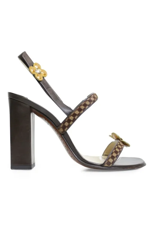 Brown leather and pony hair block heel monogram flower-embellished slingback Damier sandals with fixed vamp straps