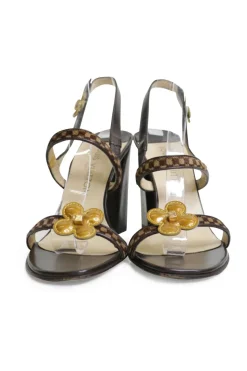 Brown leather and pony hair block heel monogram flower-embellished slingback Damier sandals with fixed vamp straps