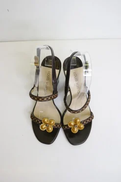 Brown leather and pony hair block heel monogram flower-embellished slingback Damier sandals with fixed vamp straps