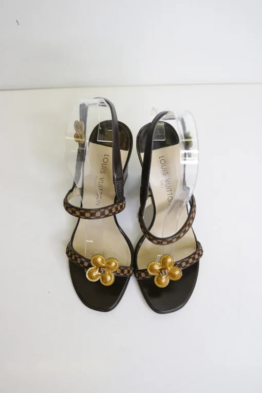 Brown leather and pony hair block heel monogram flower-embellished slingback Damier sandals with fixed vamp straps