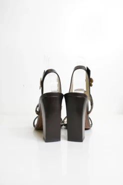 Brown leather and pony hair block heel monogram flower-embellished slingback Damier sandals with fixed vamp straps