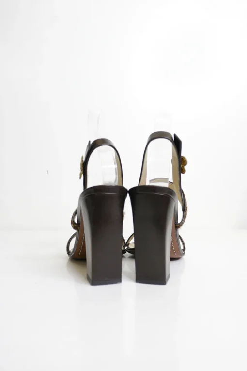 Brown leather and pony hair block heel monogram flower-embellished slingback Damier sandals with fixed vamp straps