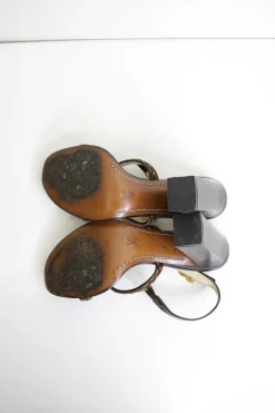 Brown leather and pony hair block heel monogram flower-embellished slingback Damier sandals with fixed vamp straps