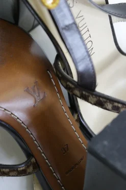 Brown leather and pony hair block heel monogram flower-embellished slingback Damier sandals with fixed vamp straps