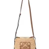 Brown leather and raffia Beehive basket tote featuring anagram appliqué