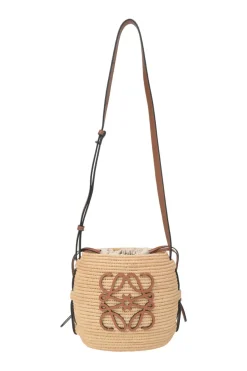 Brown leather and raffia Beehive basket tote featuring anagram appliqué