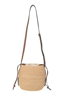 Brown leather and raffia Beehive basket tote featuring anagram appliqué