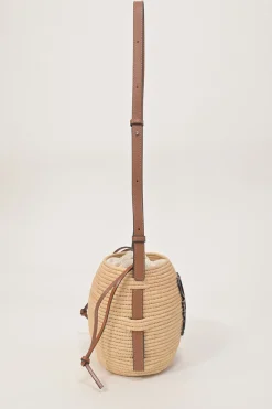 Brown leather and raffia Beehive basket tote featuring anagram appliqué