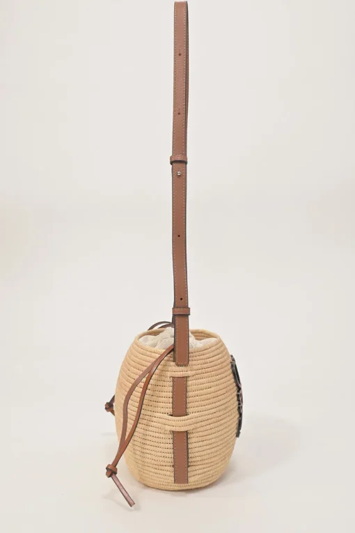 Brown leather and raffia Beehive basket tote featuring anagram appliqué