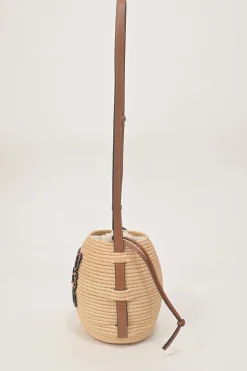 Brown leather and raffia Beehive basket tote featuring anagram appliqué