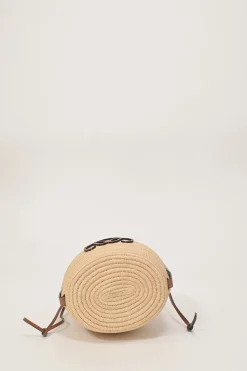 Brown leather and raffia Beehive basket tote featuring anagram appliqué
