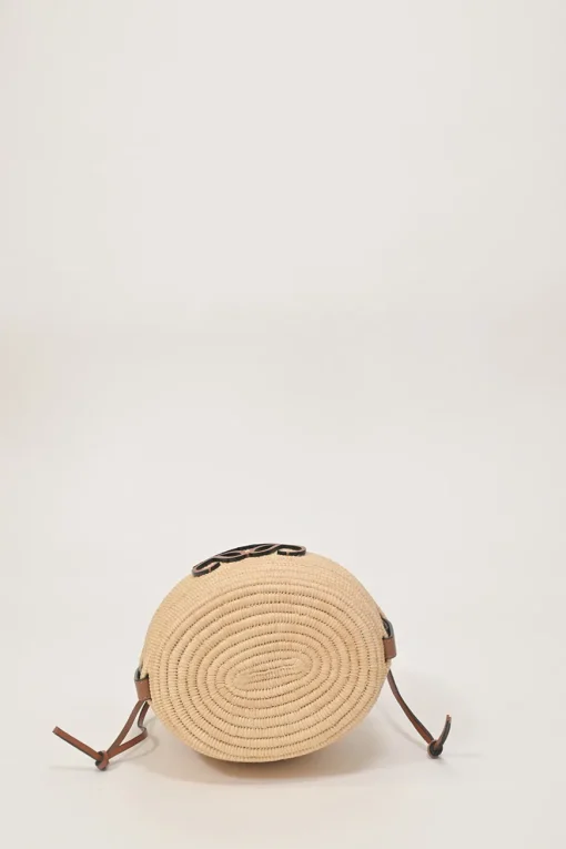 Brown leather and raffia Beehive basket tote featuring anagram appliqué