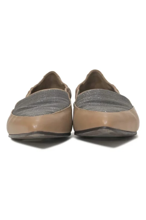 Brown leather and strass pointed-toe soft slip-on loafers
