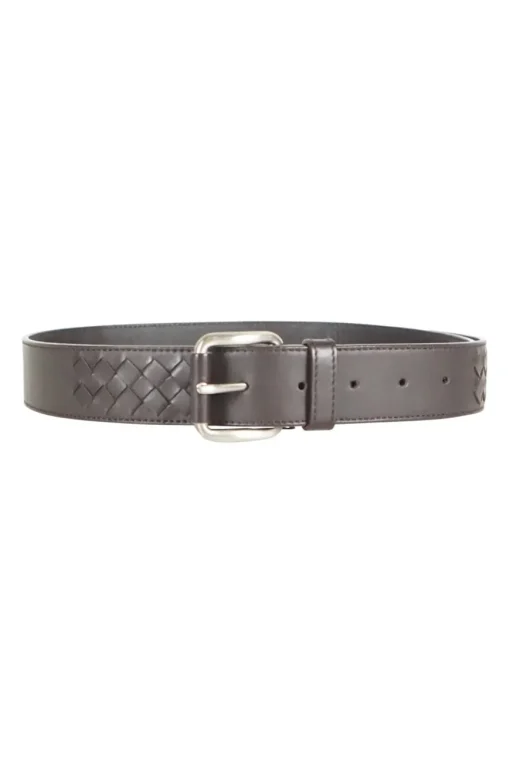 Brown leather belt with intrecciato details