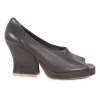 Brown leather block heel peep toe platform mules