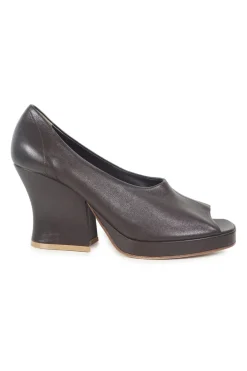Brown leather block heel peep toe platform mules