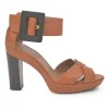 Brown leather block heel platform sandals with criss-cross vamp strap and buckle fastening