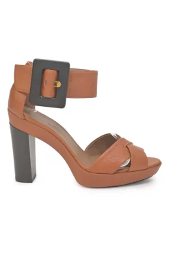 Brown leather block heel platform sandals with criss-cross vamp strap and buckle fastening