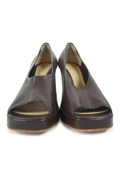 Brown leather block heel peep toe platform mules
