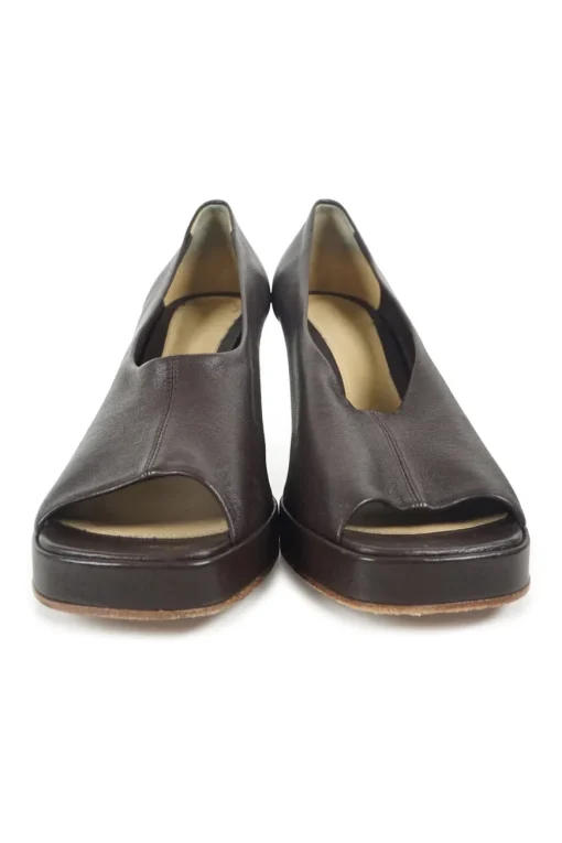 Brown leather block heel peep toe platform mules