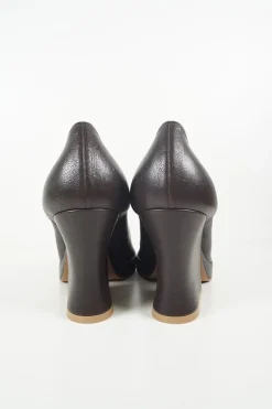 Brown leather block heel peep toe platform mules