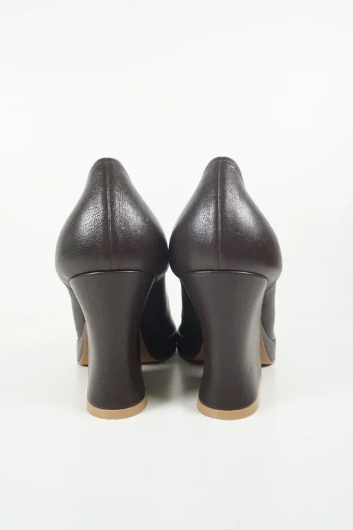 Brown leather block heel peep toe platform mules