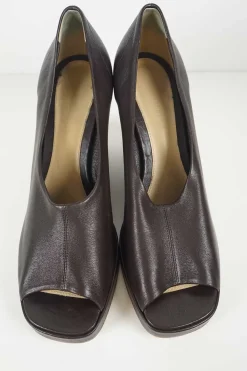 Brown leather block heel peep toe platform mules