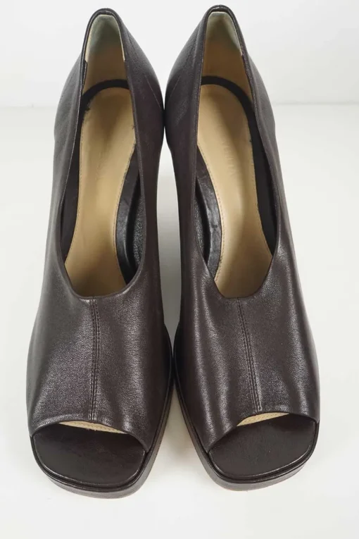 Brown leather block heel peep toe platform mules