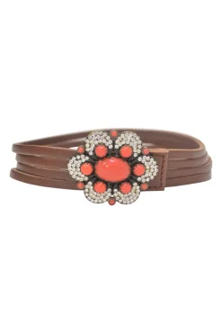 Brown leather choker featuring crystal and enamel-embellished flower pendant