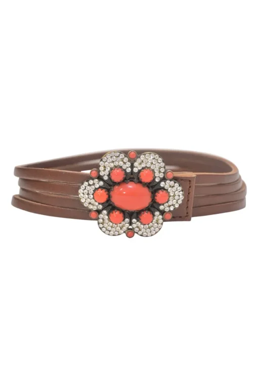 Brown leather choker featuring crystal and enamel-embellished flower pendant