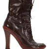 Brown leather high heel lace up pump boots with zipper fastening on the side