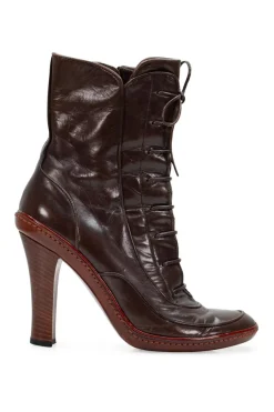 Brown leather high heel lace up pump boots with zipper fastening on the side