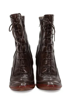 Brown leather high heel lace up pump boots with zipper fastening on the side