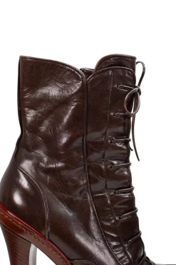 Brown leather high heel lace up pump boots with zipper fastening on the side