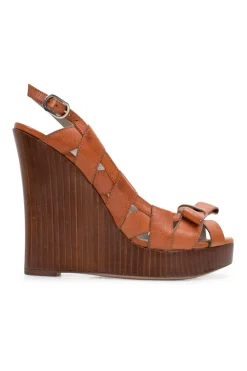 Brown leather high heeled wedge sandals with platform and open toe