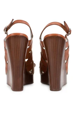 Brown leather high heeled wedge sandals with platform and open toe